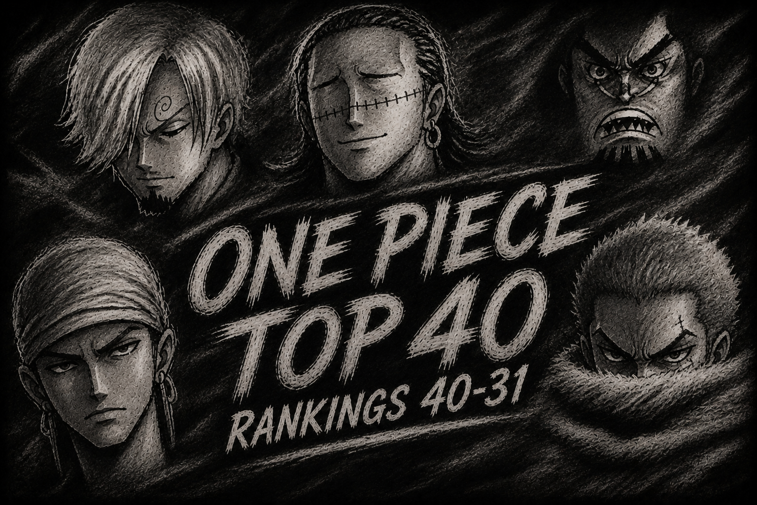 One Piece strongest characters ranked 31-40, hand-drawn illustration